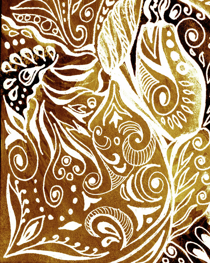Lovely Hand Painted Beige Brown Organic Floral Lines Leaves Curves Pattern I Painting by Irina Sztukowski