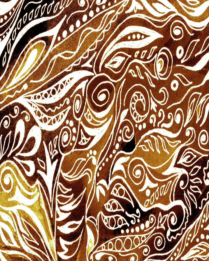 Lovely Hand Painted Beige Brown Organic Floral Lines Leaves Curves Pattern IV Painting by Irina Sztukowski
