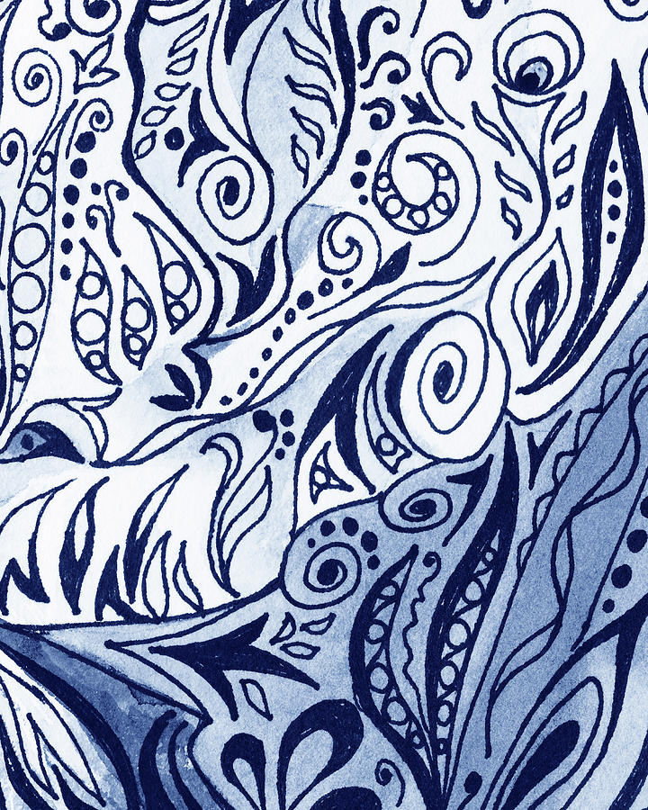 Lovely Hand Painted Blue Organic Floral Lines Leaves Curves Pattern III Painting by Irina Sztukowski