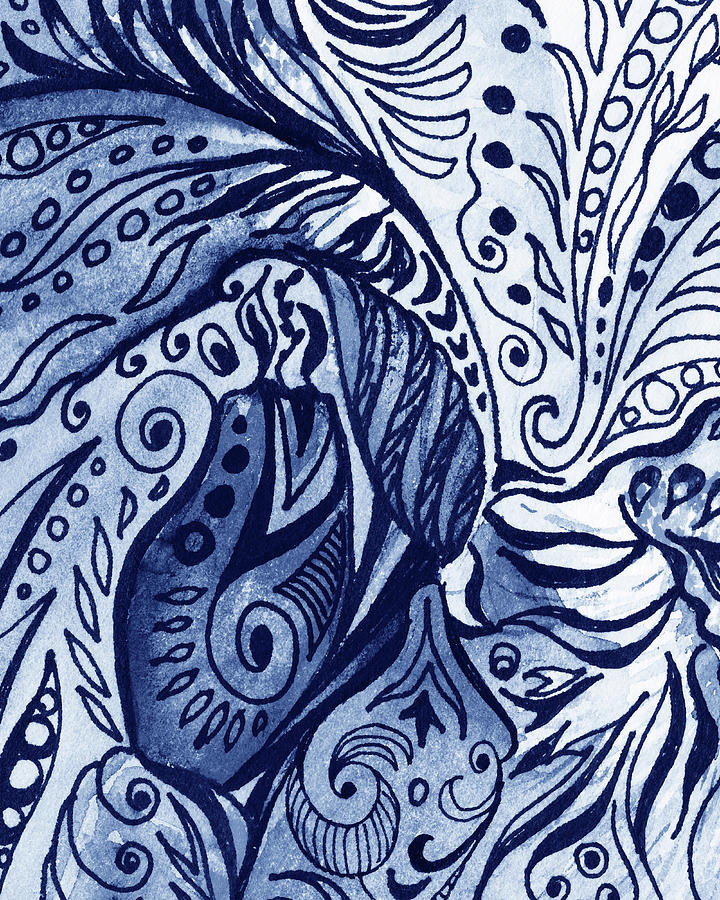 Lovely Hand Painted Blue Organic Floral Lines Leaves Curves Pattern IV Painting by Irina Sztukowski