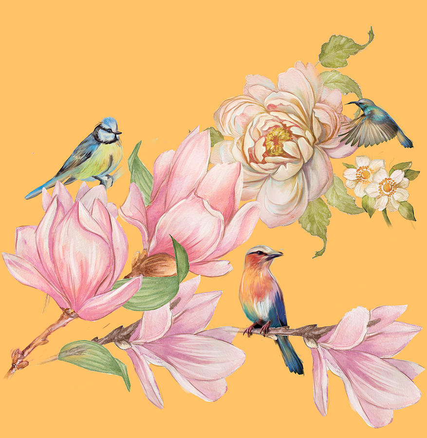 Lovely Spring Flowers And Birds Mixed Media by Johanna Hurmerinta