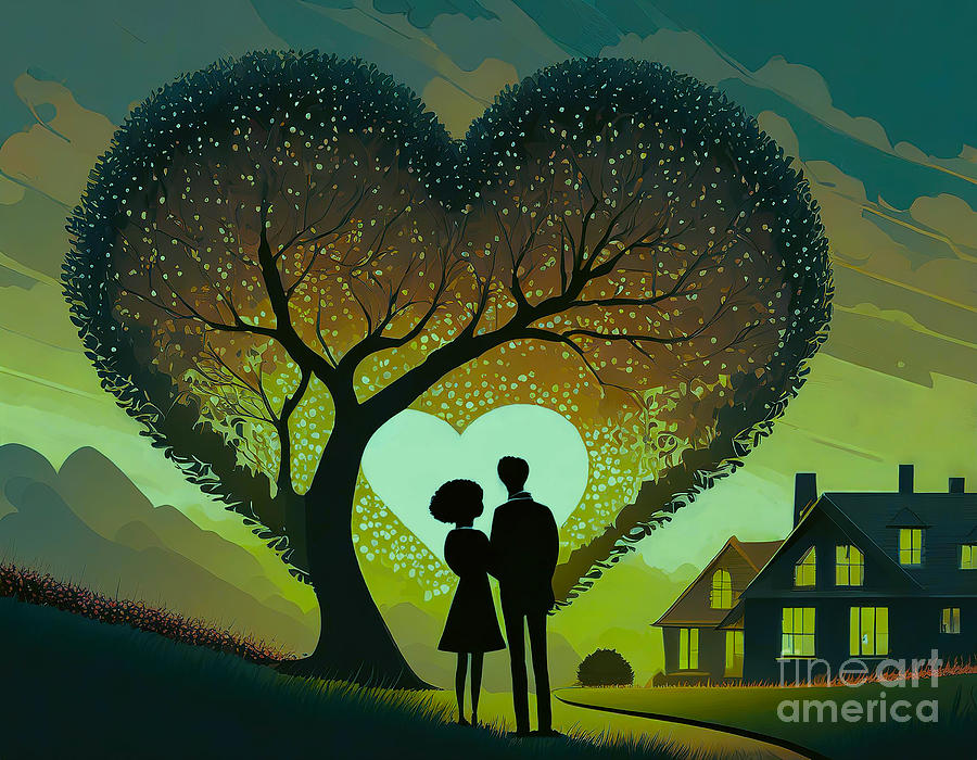 Valentines Day Digital Art - Lovers under the tree of love at dawn by Viktor Birkus