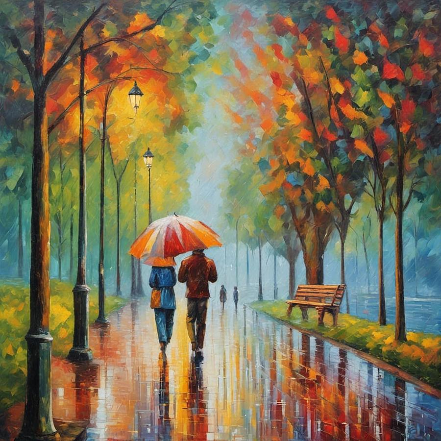 Lovers Walk In Rain Mixed Media by Nancy Ayanna Wyatt