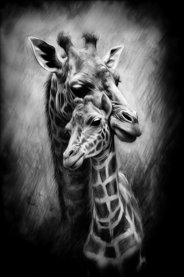 Wildlife Drawing - Loving moment between giraffe and her calf by David Mohn
