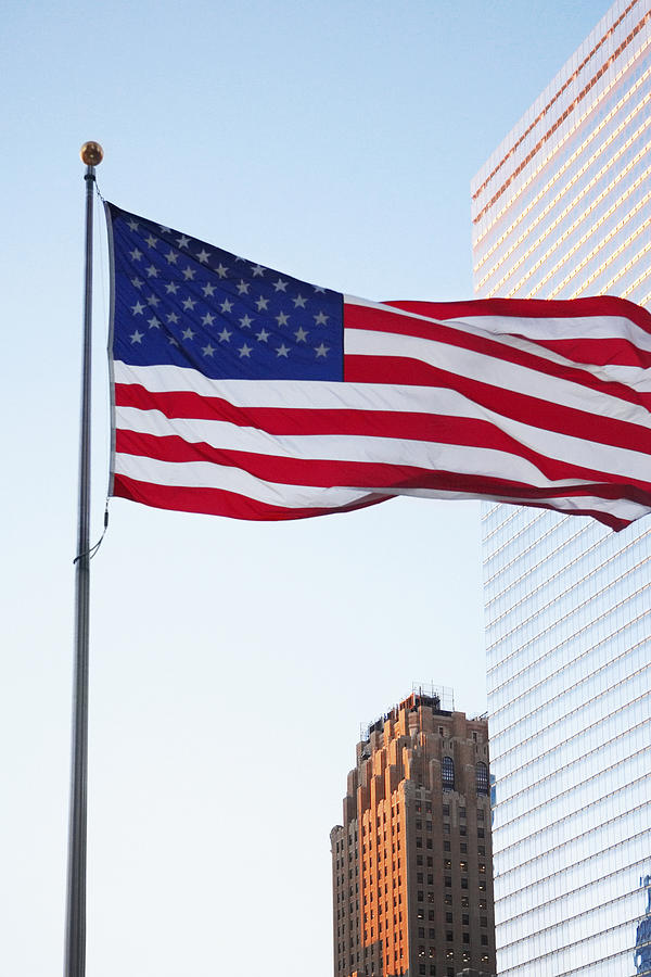 Low angle view of an American flag, World Trade Center, Manhattan, New York City, New York State, USA Photograph by Glowimages