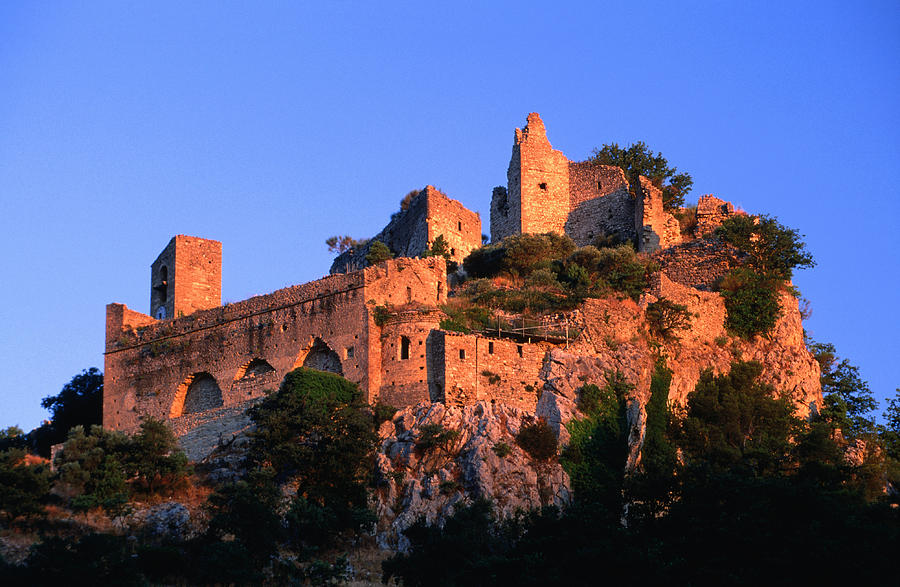 Low angle view of ruined castle in Vaucluse region, Entrechaux, Provence-Alpes-Cote dAzur, France, Europe Photograph by David Tomlinson