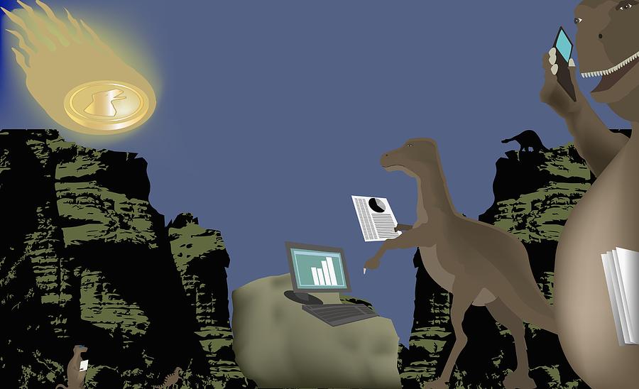 Low angle view of two dinosaurs using a mobile phone and a laptop Drawing by ArtBox Images
