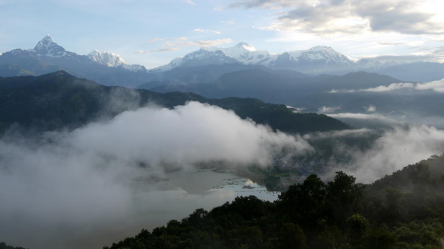 Fishtail Photograph - Low Cloud Over Phewa Lake  by Juliette Cunliffe