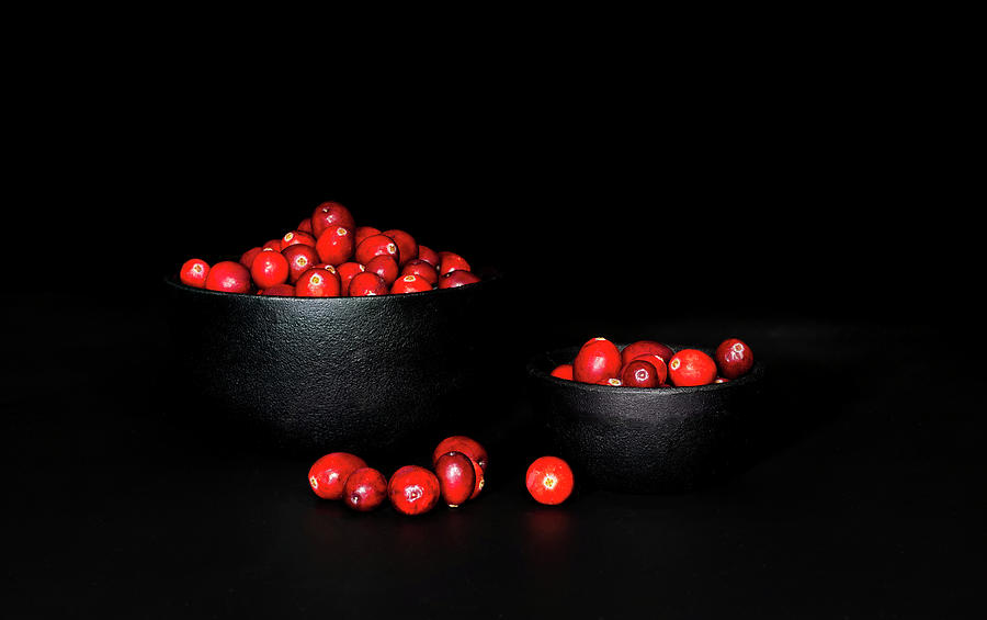 Low Key Cranberries in Two Black Bowls Photograph by Charles Floyd