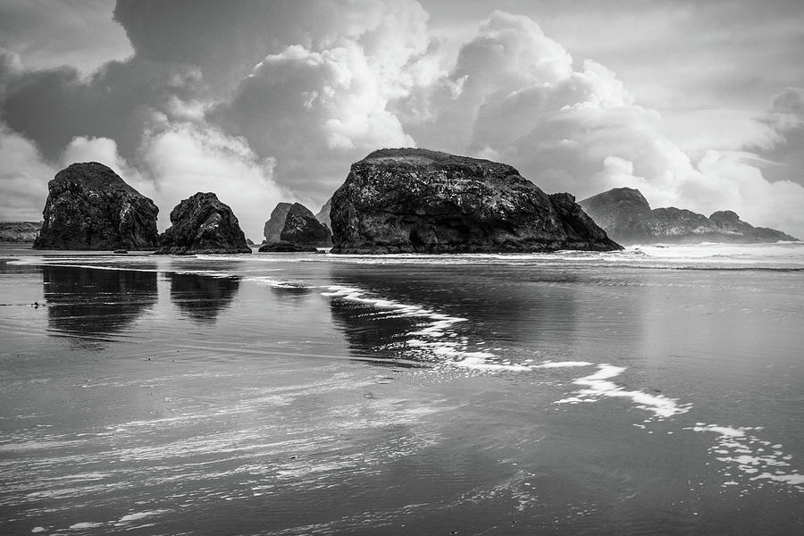 Low Tide at the Pacific Seastacks in Black and White Photograph by Debra and Dave Vanderlaan