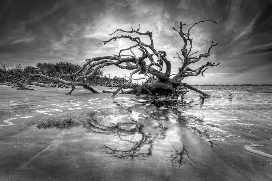 Low Tide Reflections Jeykll Island Dawn Black and White Photograph by Debra and Dave Vanderlaan