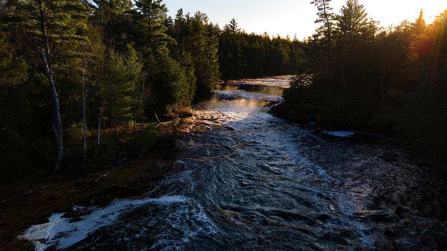 Low view of Tahquamenon Lower Falls at sunset Photograph by Eldon McGraw