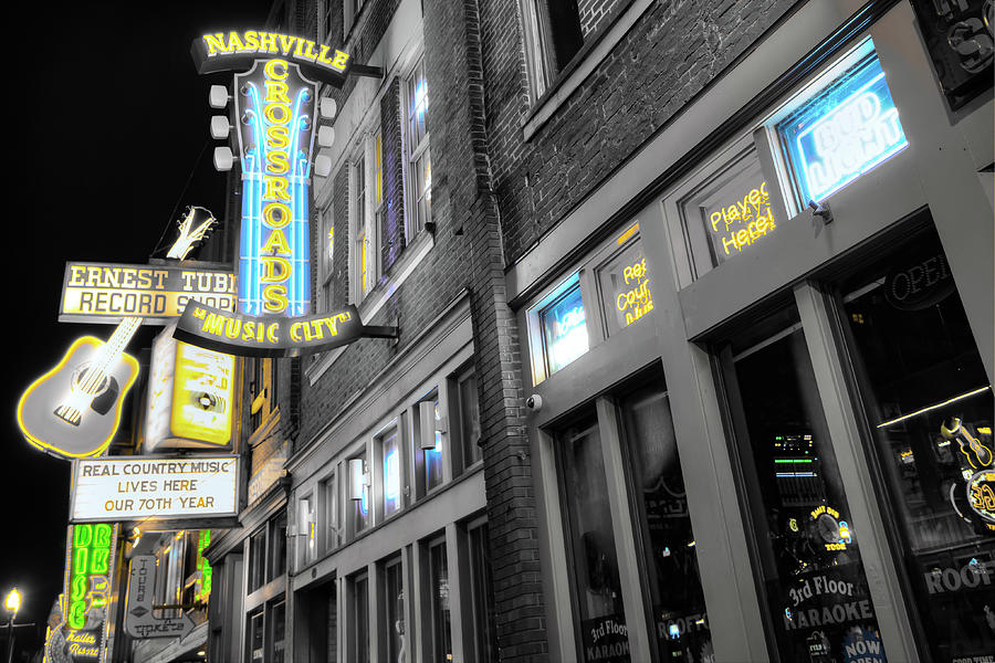 Lower Broadway Music City Lights - Nashville Selective Coloring Photograph by Gregory Ballos