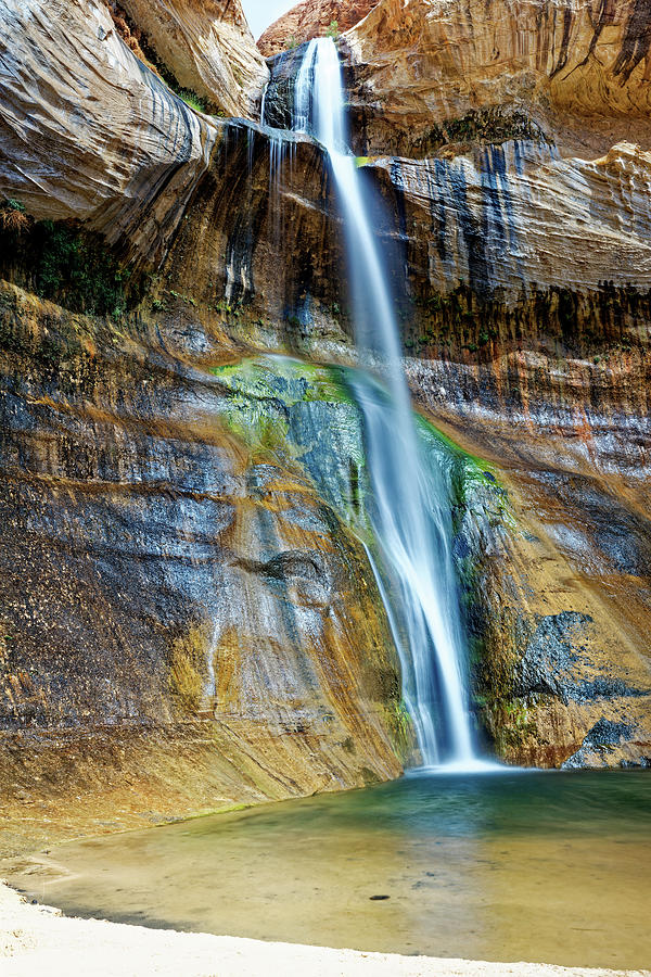 Lower Calf Creek Waterfall with beach, vertical Photograph by Doolittle Photography and Art