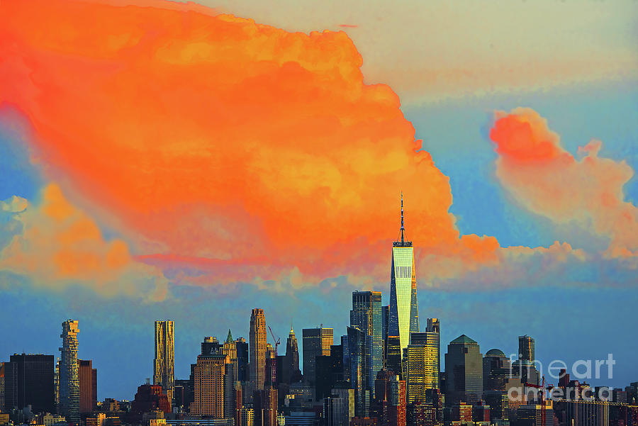 Lower Manhattan Under Sundown Orange Clouds Photograph