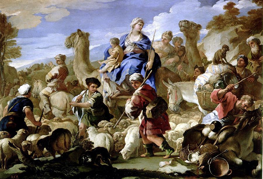 Luca Giordano / Jacobs Journey to Cana, ca. 1687, Italian School, Oil on copper, 59 cm x 84 cm,... Painting by Luca Giordano -1634-1705- Luca Giordano / Jacobs Journey to Cana, ca. 1687, Italian School, Oil on copper, 59 cm x 84 cm,... Painting by Luca Giordano -1634-1705-