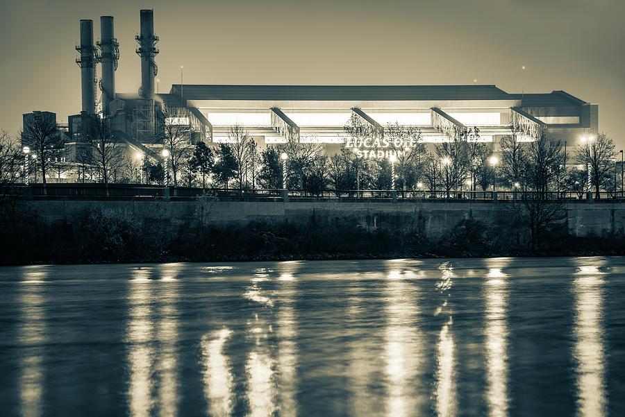 Lucas Oil Football Stadium Lights Along The White River - Sepia Edition Photograph by Gregory Ballos