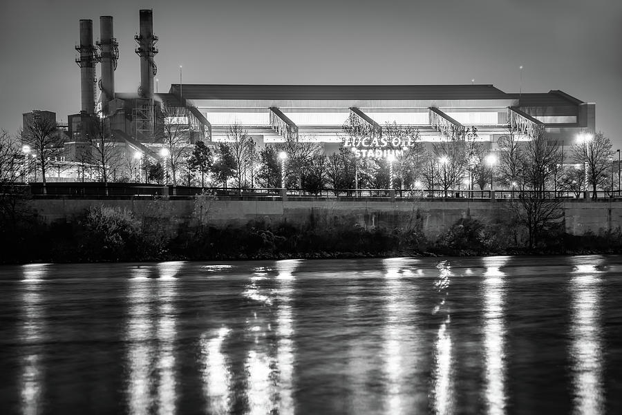 Lucas Oil Stadium Lights Along The White River - Black and White Photograph by Gregory Ballos