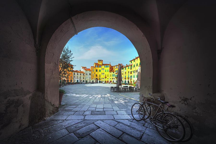 Lucca, Piazza dell Anfiteatro square from entrance arch. Tuscan Photograph by Stefano Orazzini