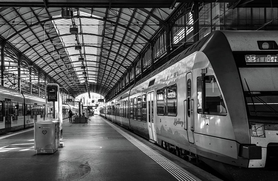 Lucerne Train Station, Black and White Photograph by Marcy Wielfaert