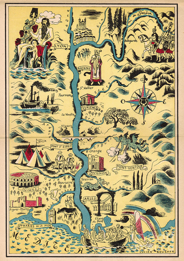 Pictorial Map Digital Art - Lucien Boucher - Map of the River Rhone - 1944 by Vintage Map