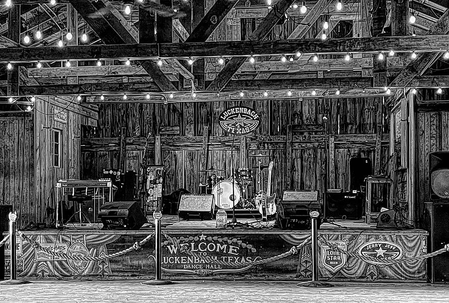 Luckenbach Dance Hall Stage Black and White Photograph by Judy Vincent
