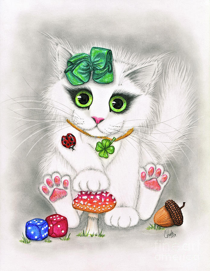 Lucky Cat - White Kitten Good Luck Charms Painting by Carrie Hawks