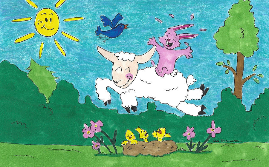 Rabbit Riding a Jumping Lamb Over a Nest of Baby Birds, Lullaby Drawing by Ali Baucom