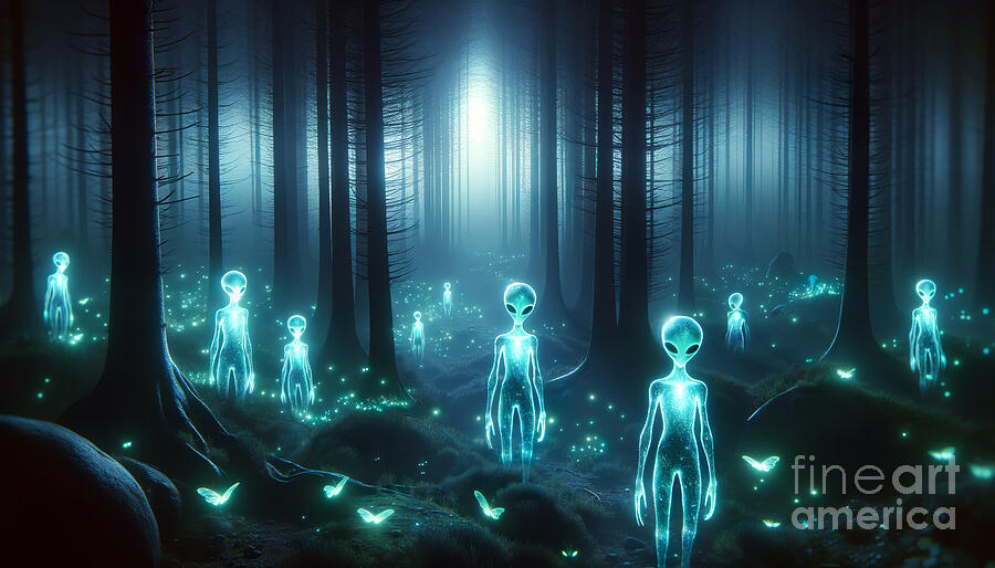 Luminous, ethereal figures that resemble aliens stand amidst a dark forest  Digital Art by Odon Czintos