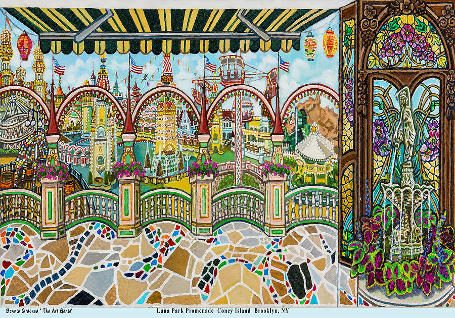 Luna Park Promenade Full Image Pillow Painting by Bonnie Siracusa