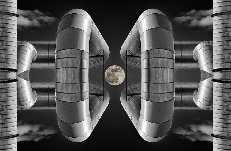 Lunaroyal - mirrored Uniroyal Building Industrial ductting with full moon - wide version Photograph by Peter Herman