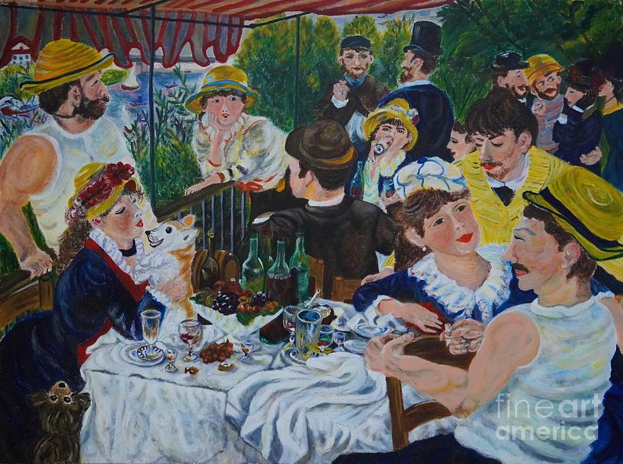 Pierre Auguste Renoir Painting - Luncheon with My Corgi too from Luncheon of the Boating Party by Renoir in 1881 by My Corgi Art