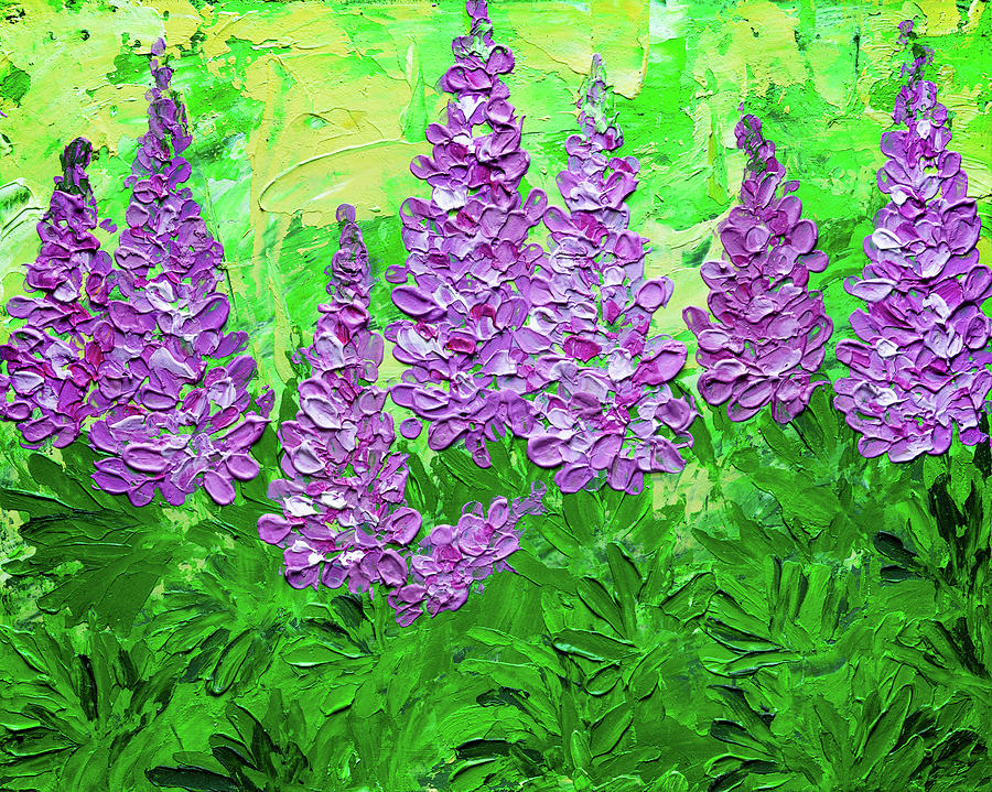 Lupine flowers, Lupins in the garden, Original miniature oil painting ...