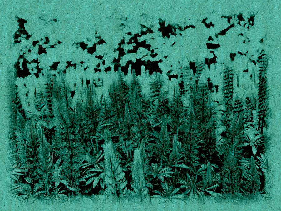 Lupine Garden teal turquoise deep green  Mixed Media by Bonnie Bruno
