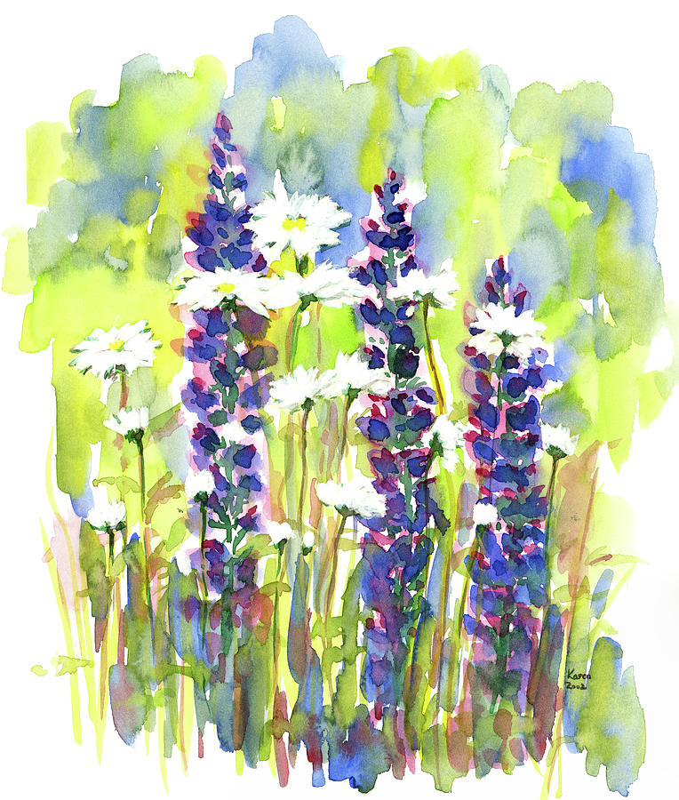 Lupines and daisies Painting by Karen Kaspar