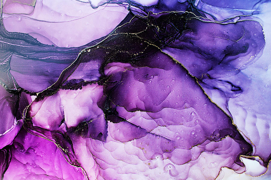 Luxury Abstract Fluid Art Painting Background Alcohol Ink Technique Purple And Gold. Modern Contemporary Art. Part Of Original Alcohol Ink Painting. Hand Painted Ink Texture. Card Background Photograph
