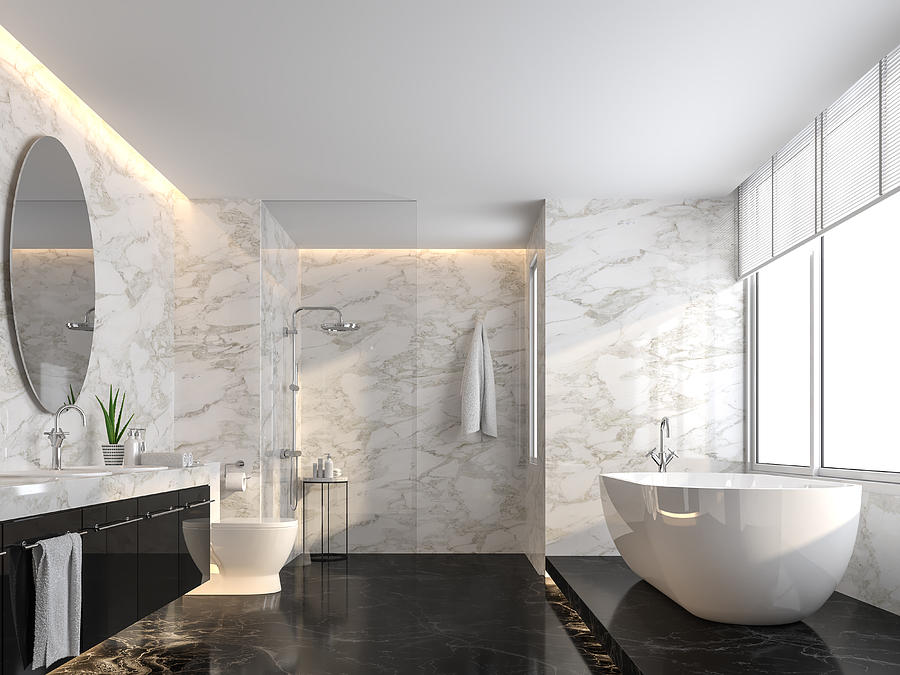 Luxury bathroom with black marble floor and white marble wall 3d render Photograph by Runna10