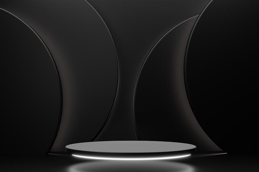 Luxury round black podium with white backlighting on abstract black background with many black circles. Perfect platform for showing your products. Three dimensional illustration Photograph by Anna Efetova