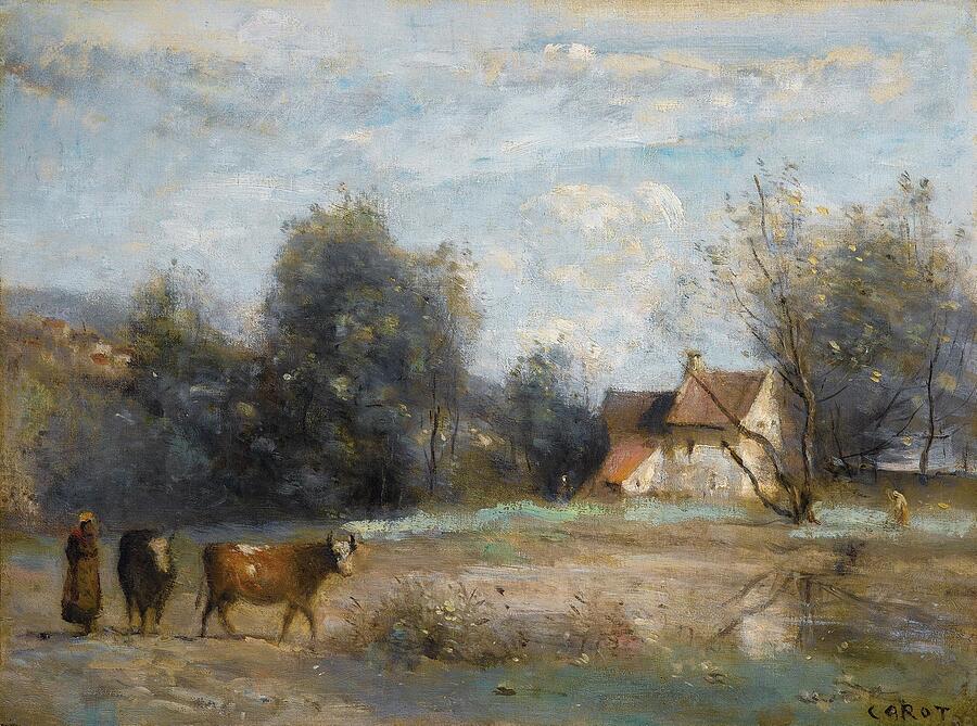 Tree Painting - Luzancy Petites Maisons De Paysans Au Bord De Leau by JeanBaptisteCamille Corot French Tree Painting - Luzancy Petites Maisons De Paysans Au Bord De Leau by JeanBaptisteCamille Corot French
