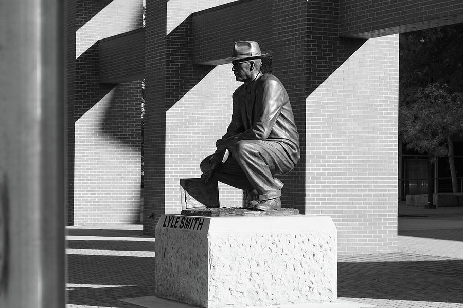 Lyle Smith statue at Boise State University in black and white Photograph by Eldon McGraw