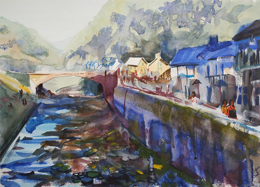 Lynmouth North Devon looking upstream watercolour painting Painting by Mike Jory