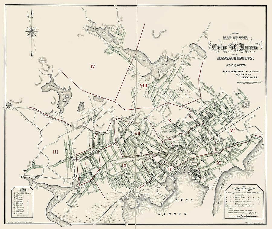 Lynn Massachusetts with disease cases map 1876 with details in color Photograph by Phil Cardamone