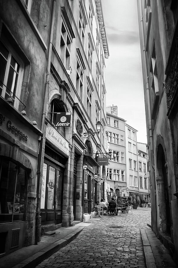 Lyon France Cobblestone Rue St Georges Black and White  Photograph by Carol Japp