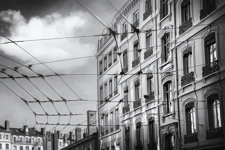 Lyon France Through a Web of Tram Lines Black and White Photograph by Carol Japp