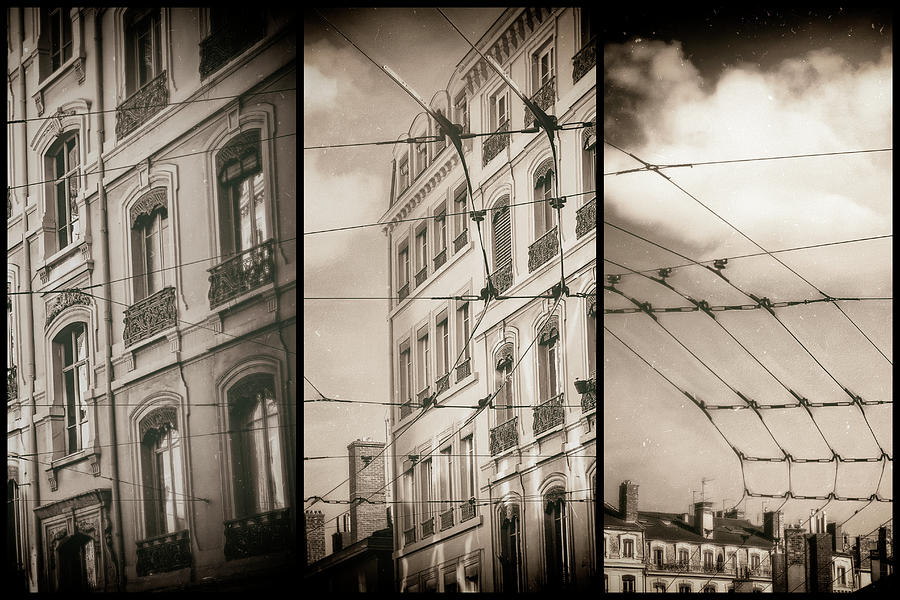Lyon France Through a Web of Tram Lines Vintage Sepia Triptych  Photograph by Carol Japp