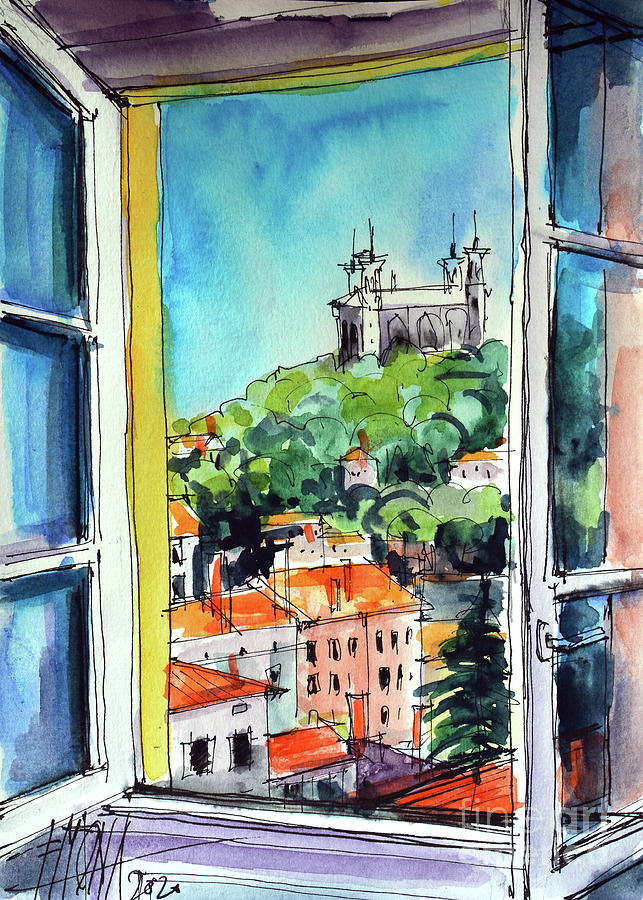 LYON WINDOW TO FOURVIERE watercolor painting Mona Edulesco Painting by Mona Edulesco