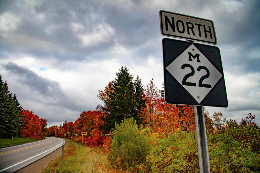 M 22 sign with fall colors in northern Michigan Photograph by Eldon McGraw