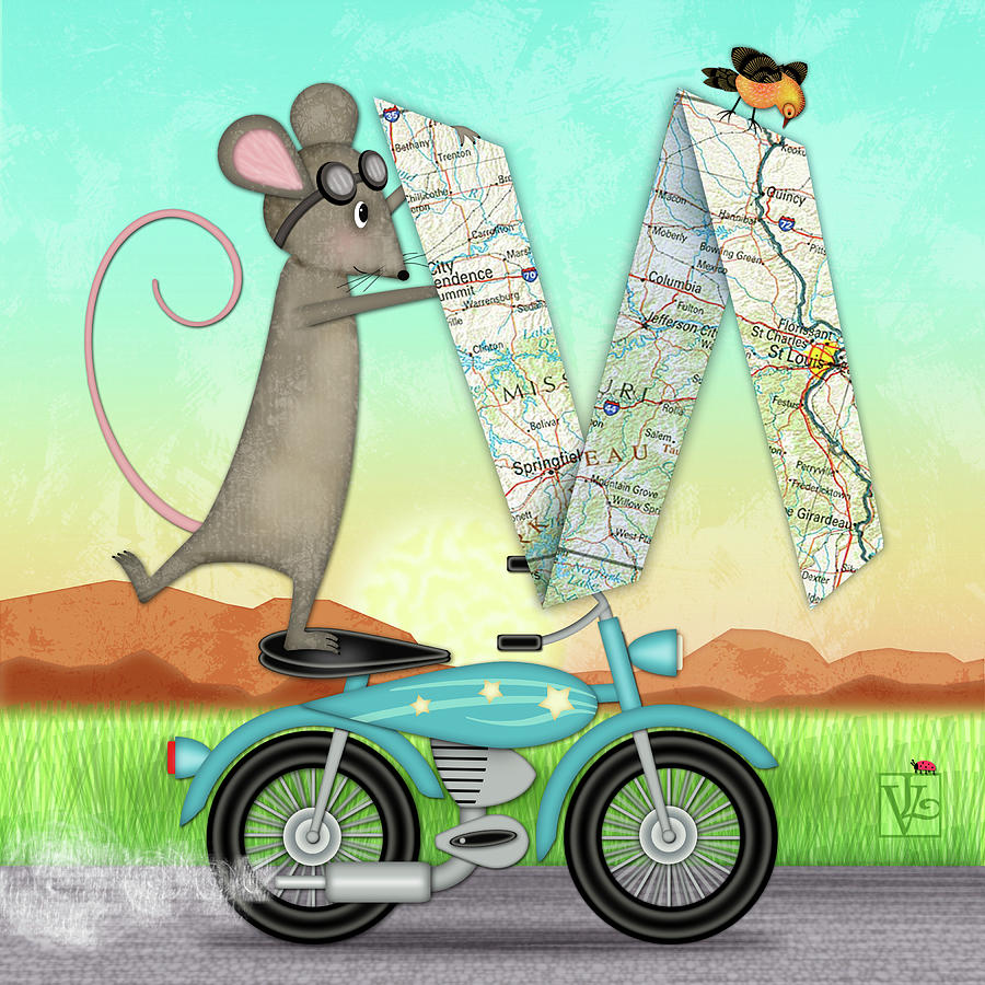 M is for Mouse, Map and Motorcycle Digital Art by Valerie Drake Lesiak