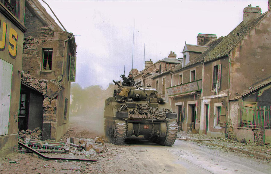 M4 Sherman tanks of the Sherbrooke Fusiliers, 2nd Canadian Armoured Brigade, advancing into Caen, No Digital Art by Celestial Images