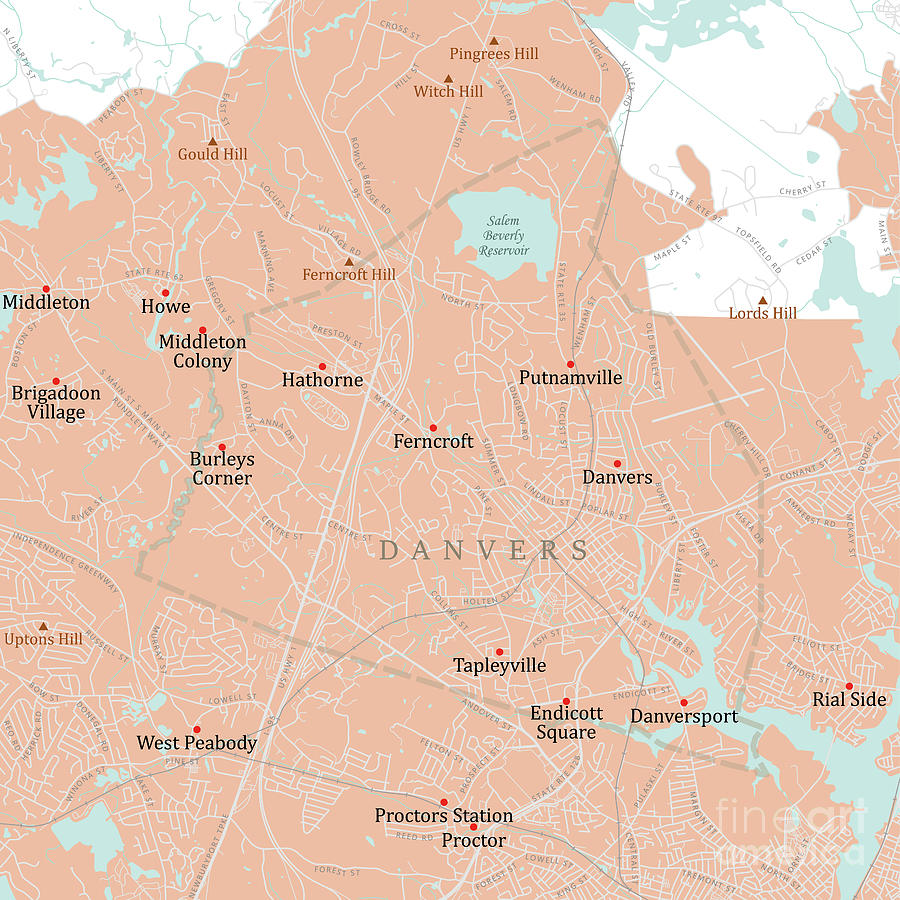 MA Essex Danvers Vector Road Map Digital Art by Frank Ramspott | Fine ...